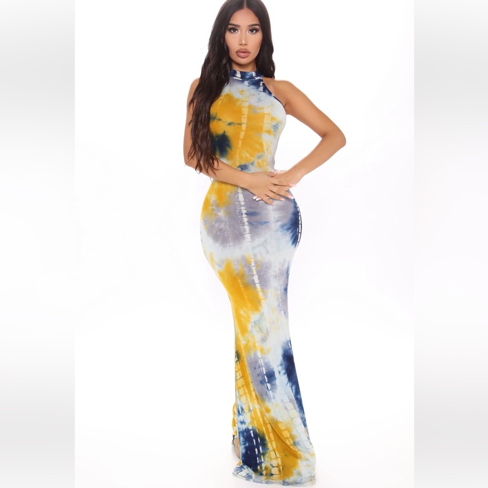 NWT Fashion Nova My Best Tie Dye Maxi Dress - Blue/combo